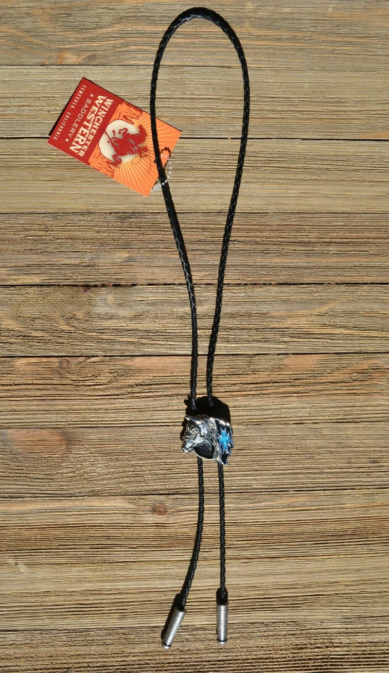 Western Style Black Braided Leather Bolo Tie with beautifully detailed horse head slide in silver with black and turquoise southwest enamel design. 