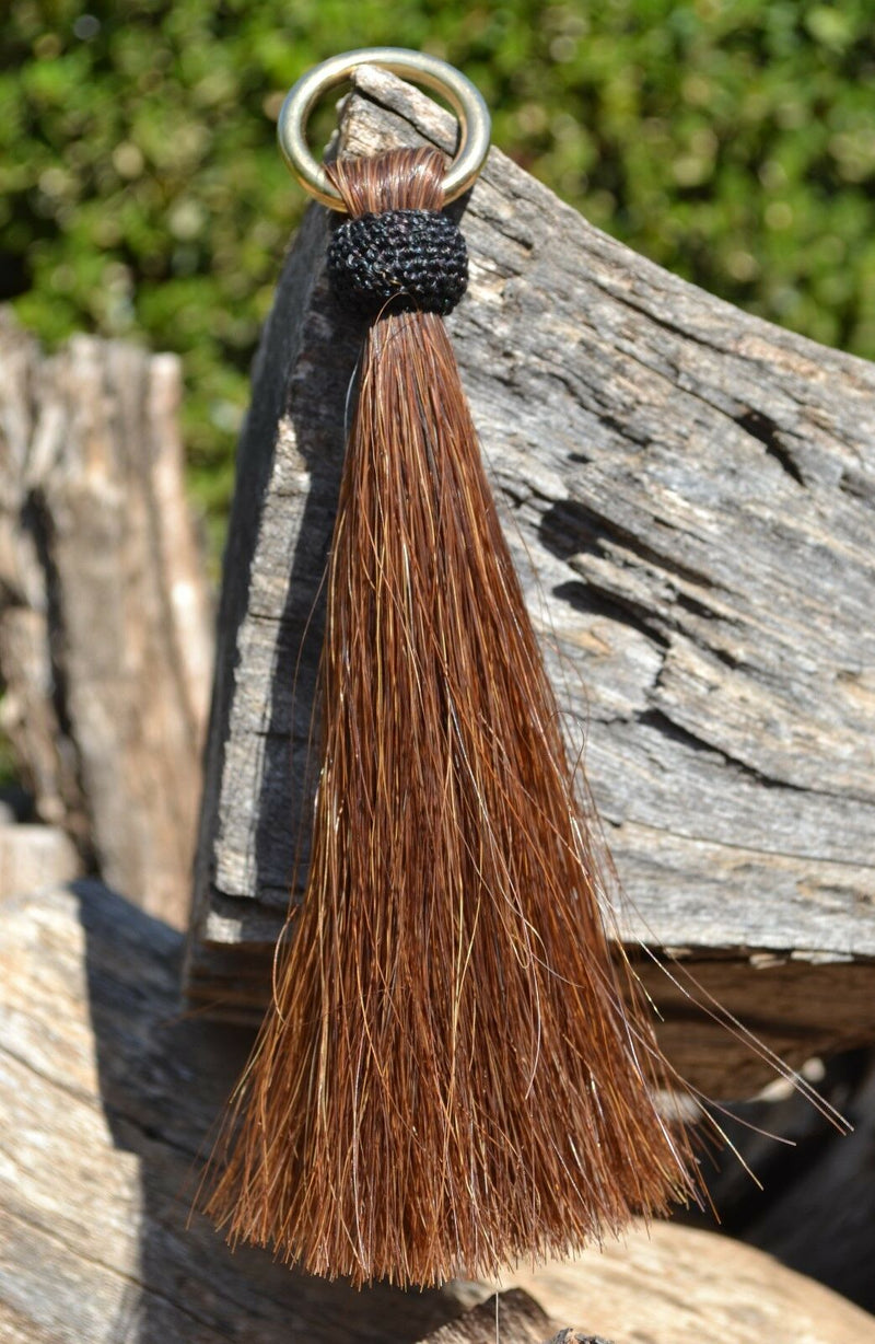Close Up View 6" - Shu-fly tassels with Brass Ring. Handmade from 100% natural mane horsehair in natural horsehair colors.    Chestnut