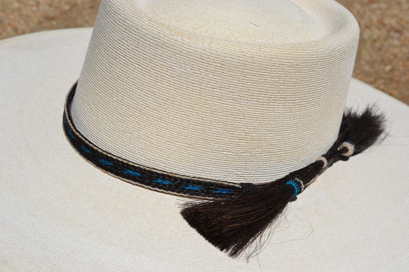 1/2" Hand Braided 5 Strand Horsehair Hatband Double Tassels - Black/Blue/White