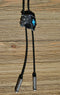 Western Style Black Braided Leather Bolo Tie with beautifully detailed horse head slide in silver with black and turquoise southwest enamel design. 