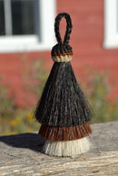 Close Up View 3" 3 bell mule tail cut natural and brightly colored tassels. Handmade from 100% horsehair.   Black/Chesnut/White
