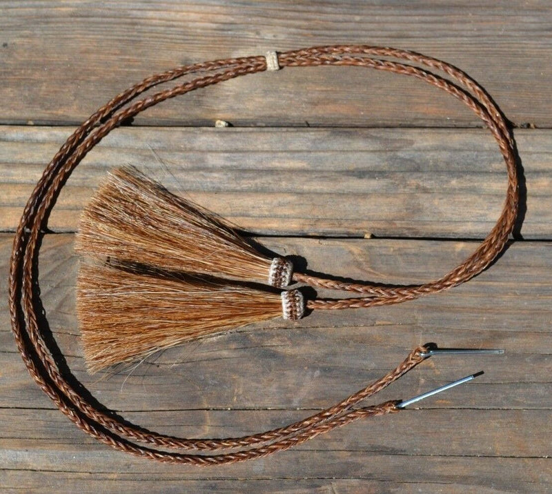 Close Up View natural horse hair stampede string with cotter pin attachments. Chestnut/Sorrel