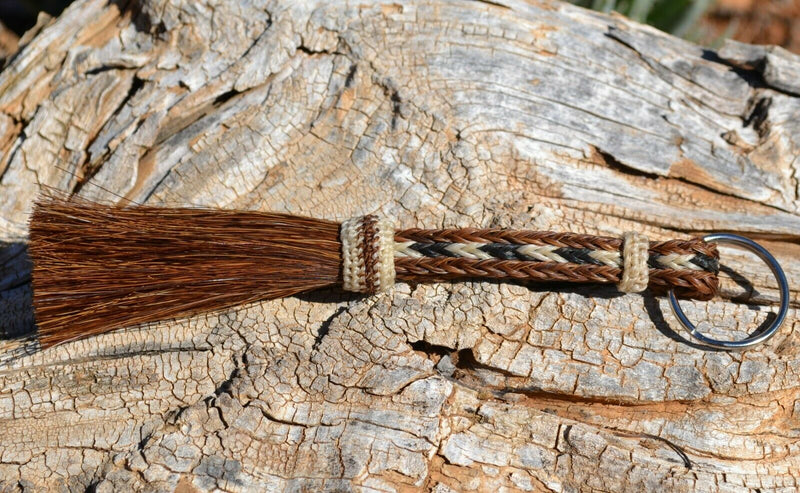 Close Up View Awesome 3/8" wide, 3 Strand Braided Horsehair Key Chain. Full length is 7" including the key ring.    Chestnut/Black/White