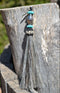 Close Up View 4 1/2" total length horsehair zipper pull with spring clip. Handmade horsehair various colors and beading pattern. Grey-Turquoise/Silver/Turquoise
