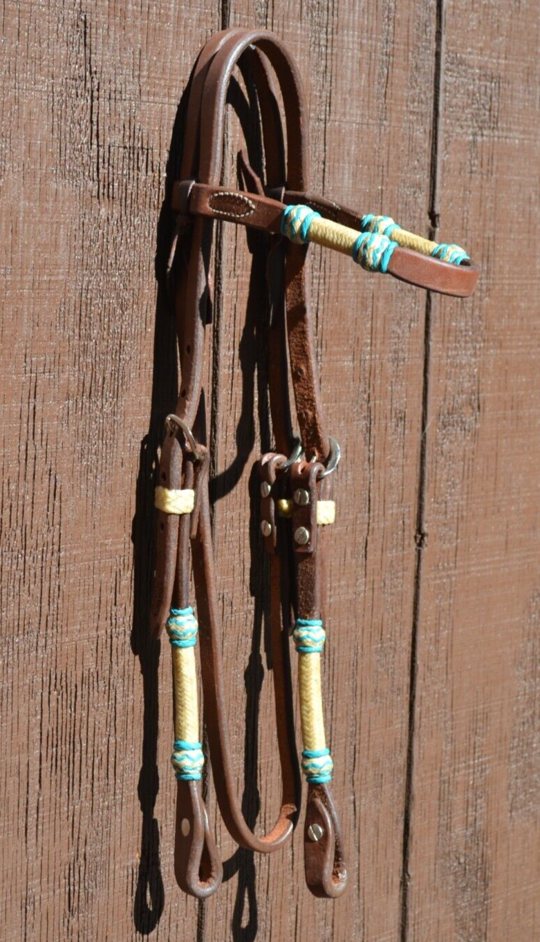 Jose Ortiz Heavy Oil Harness Browband Headstall Natural/Turquoise Rawhide