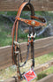 Front View Regular oil, 5/8" Molly Powell Vintage Cowgirl Browband Headstall with spots and bucking cowboy berry conchos. 