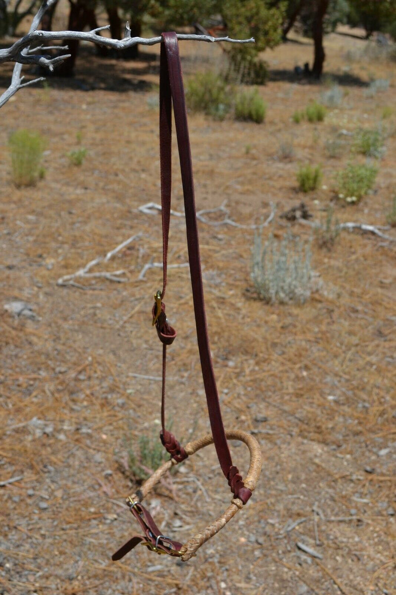 Jose Ortiz has made these beautiful  adjustable western training cavesons with latigo hangers.   Made from natural rawhide over the nose with an adjustable latigo chin strap that will fit a larger variety of horses.