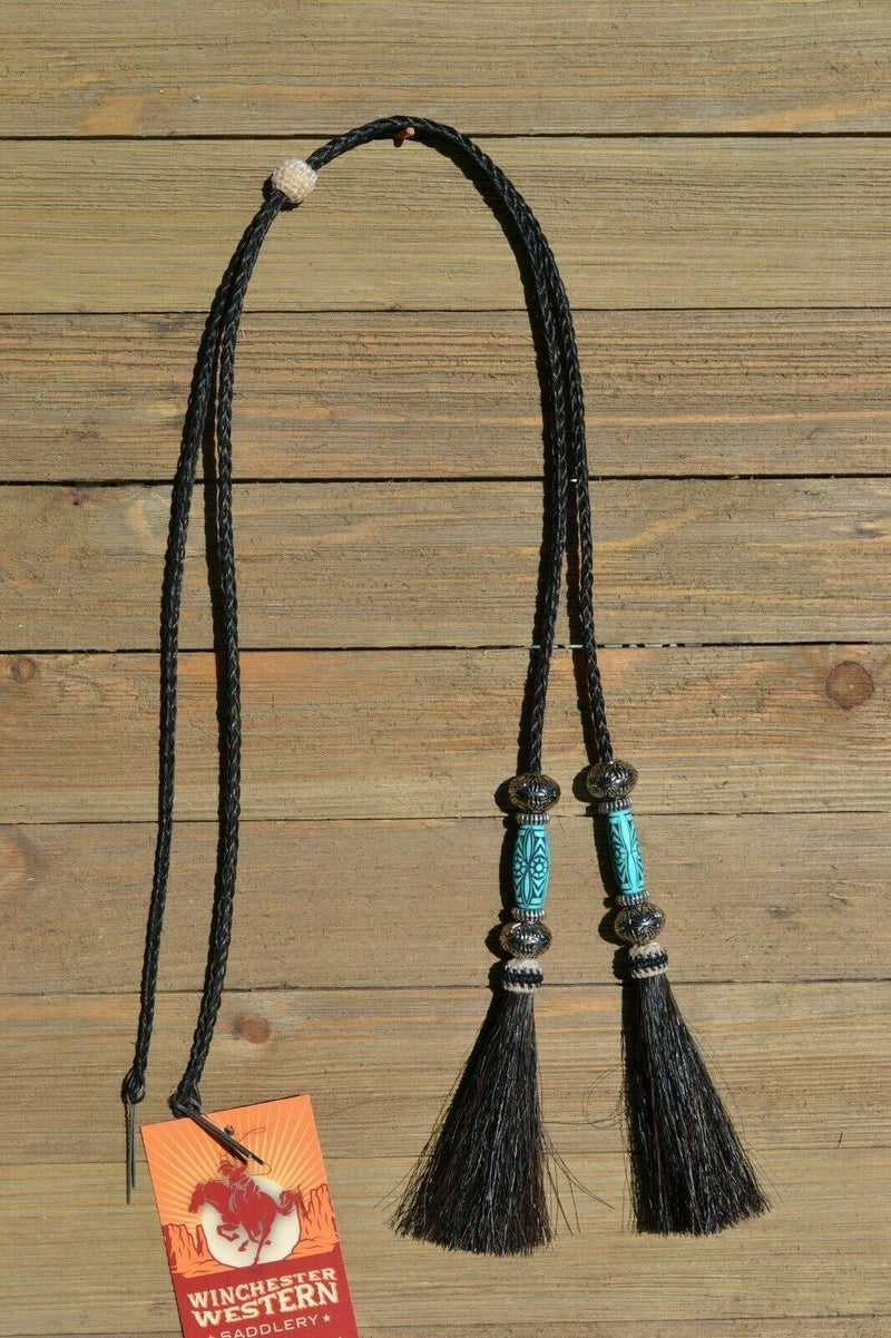 Close Up View natural horse hair stampede string with beads and horse hair tassels and cotter pin attachments.      Black-Silver/Turquoise/Silver