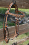 Side View Circle Y of Yoakum - 5/8" Straight Flare Browband Headstall with Rough Out Brow Overlay with buckstitching and Antiqued Copper Spots and Copper Floral Conchos at bit ends. 