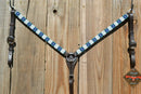 Circle Y of Yoakum - 1" Dark Oil Leather Breast Collar with Infinity Wrap Beading in a white, light blue, royal blue and black metallic southwest diamond pattern.