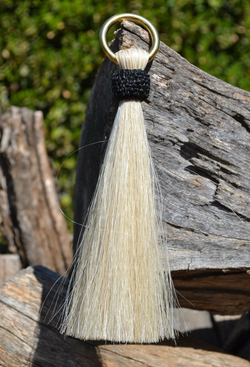 Close Up View 6" - Shu-fly tassels with Brass Ring. Handmade from 100% natural mane horsehair in natural horsehair colors.            White