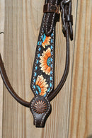 Close UP View Bit Ends. Circle Y Hand Painted Sunflower Buckstitch Browband Headstall - Concho Ends