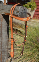 Front View Light russet oil 5/8"wide browband headstall with Chicago screws at the bit ends.  Constructed of two-ply and stitched natural russet bridle leather with hand rubbed and finished edges.  