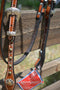 Clsoe Up View Front View Regular oil, 5/8" Molly Powell Vintage Cowgirl Browband Headstall with spots and bucking cowboy berry conchos. 