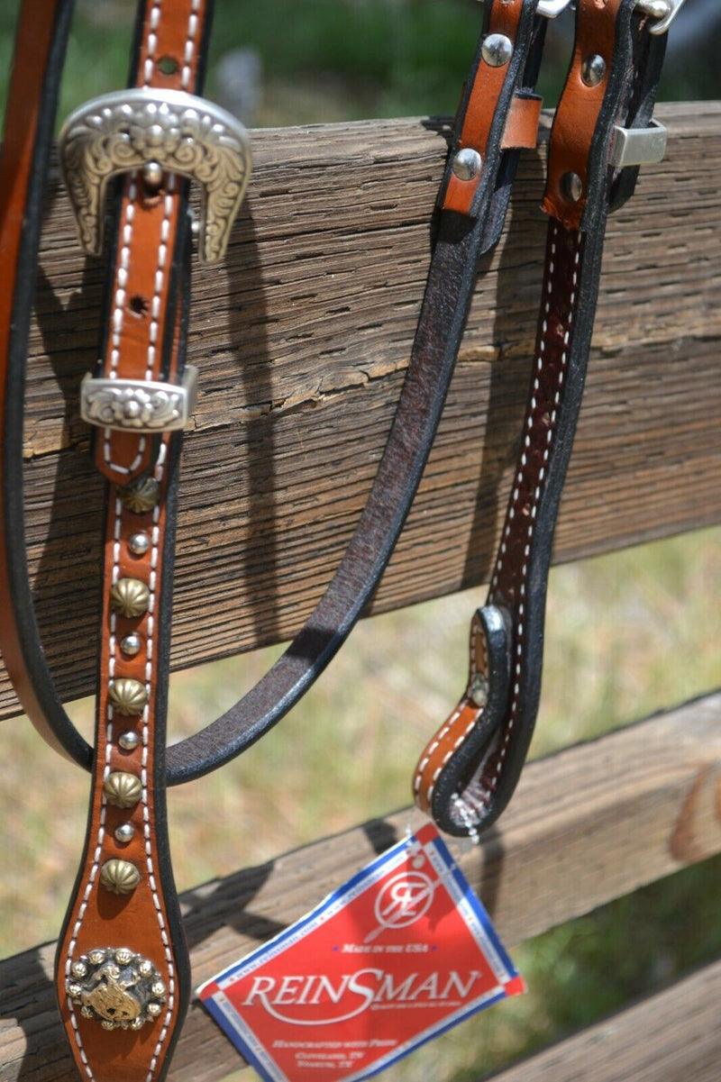 Clsoe Up View Front View Regular oil, 5/8" Molly Powell Vintage Cowgirl Browband Headstall with spots and bucking cowboy berry conchos. 