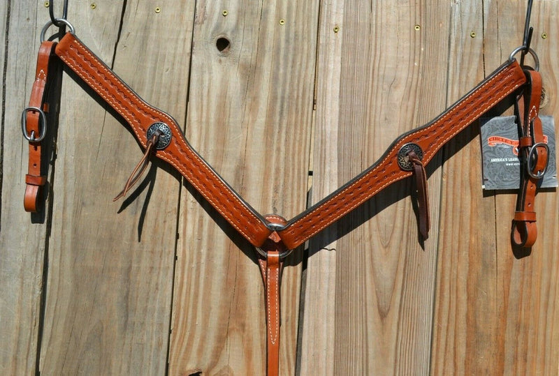 Circle Y of Yoakum - 1 1/2" Flared Breast Collar with Slotted Conchos.  Hand carved diamond tooling.  Circle Y's Regular Oil 