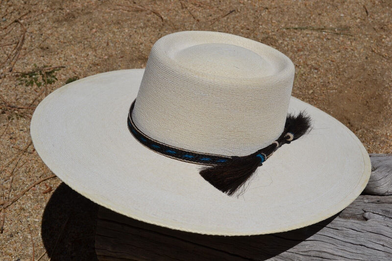 1/2" Hand Braided 5 Strand Horsehair Hatband Double Tassels - Black/Blue/White