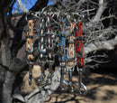 Close Up View Various Colors hand made natural horsehair braided key chain with silver tone faux buckle and snap. This key chain is about 6" long including the 1" key ring loop to connect the keys. 