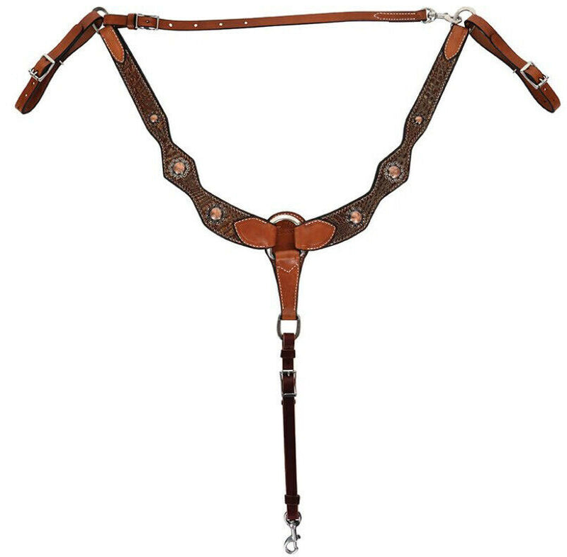 Catalog View Sharon Camarillo Diamond Sure Fit Breast Collar with Tan Faux Gator Overlay and Copper Conchos. Includes latigo tie down holder and wither strap. 