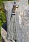 Close Up View 4 1/2" total length horsehair zipper pull with spring clip. Handmade horsehair various colors and beading pattern. Grey-Silver/Gold/Silver