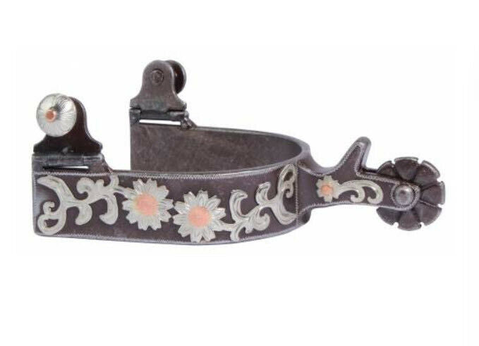 Grey steel spurs with engraved silver flower overlay with copper accent.   Unisex.  1” band, 1 7/8” shank w/8 point rowel, 3" boot width  Imported by Professional's Choice