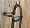 Jose Ortiz 5/8" Straight Browband Headstall.  Constructed of two-ply and stitched dark chocolate oil  finished leather.  Hand carved with Jose's signature basket weave tooling and natural hand braided rawhide with turquoise details on cheek pieces and browband.