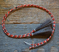 Close Up View natural horse hair stampede string with cotter pin attachments. Red/Black/White