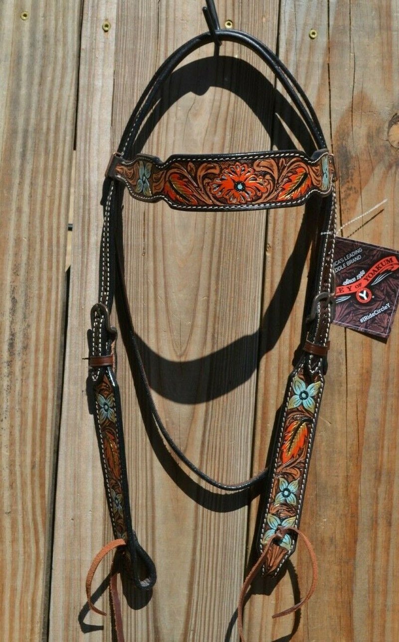 Circle Y of Yoakum -  2021 Hand Painted Metallic Flower and Leaves Browband Headstall.   Headstall is walnut with vintage background.    Horse sized, the crown measures 44" from bit end to bit end on the longest setting and adjustment to make up to 8" shorter.   