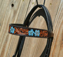 Close Up Browband Circle Y of Yoakum -  2021 Hand Painted Blue Flower Browband Headstall.   Headstall is walnut with vintage background.    Horse sized, the crown measures 44" from bit end to bit end on the longest setting and adjustment to make up to 8" shorter.   
