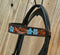 Close Up Browband Circle Y of Yoakum -  2021 Hand Painted Blue Flower Browband Headstall.   Headstall is walnut with vintage background.    Horse sized, the crown measures 44" from bit end to bit end on the longest setting and adjustment to make up to 8" shorter.   