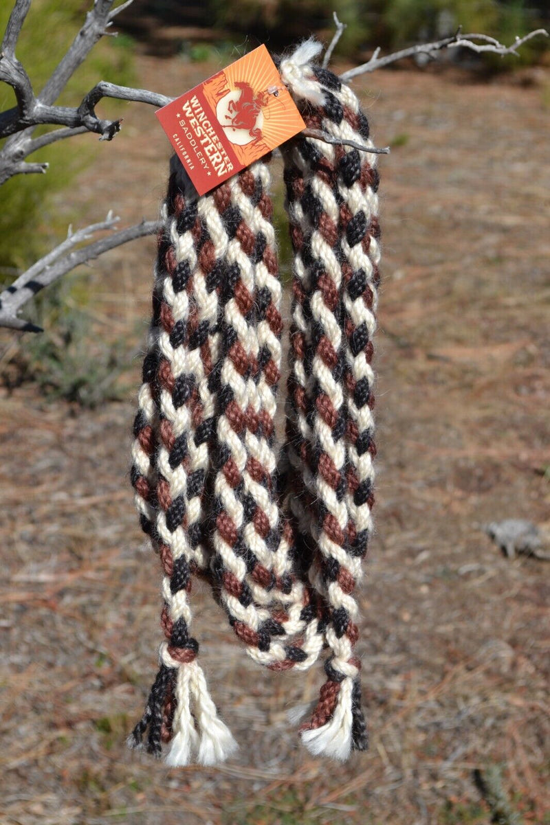 1/2" Braided Mohair Mecate Reins - 4 Strand x 24' -  Black/Brown/Natural