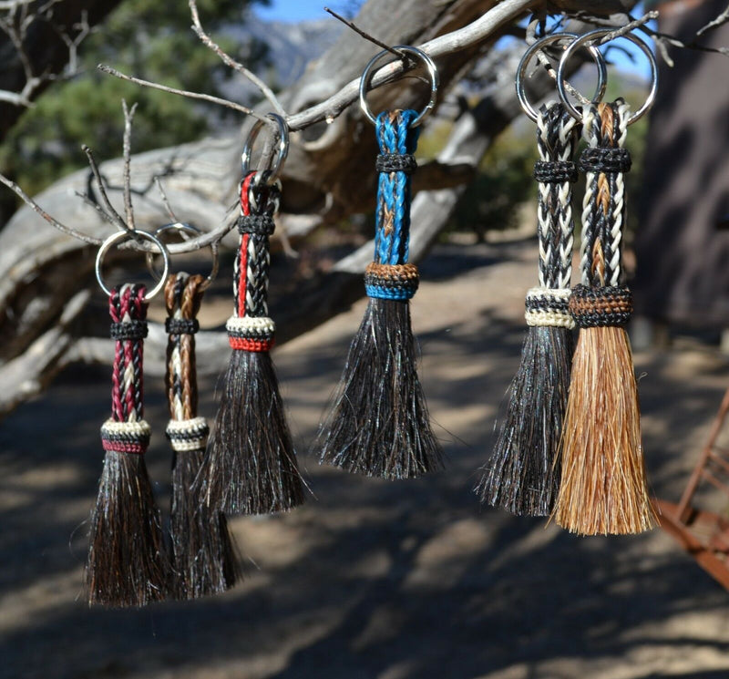Close Up VIew Various Colors Awesome 3/8" wide, 3 Strand Braided Horsehair Key Chain.  This shorter style is 5 1/2" including the key ring. 