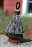 Close Up View 3" 3 bell mule tail cut natural and brightly colored tassels. Handmade from 100% horsehair.     Grey/Black/Chestnut