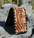 Western Style Hand Carved Leather Money Clip with strong magnetic closure Natural and Black