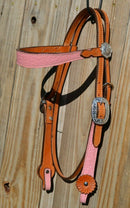 Alamo Saddlery - Browband Headstall and Breast Collar Set.  Light Oil leather with pink gator overlay.  Stainless steel Horseshoe Brand buckles and conchos on headstall.
