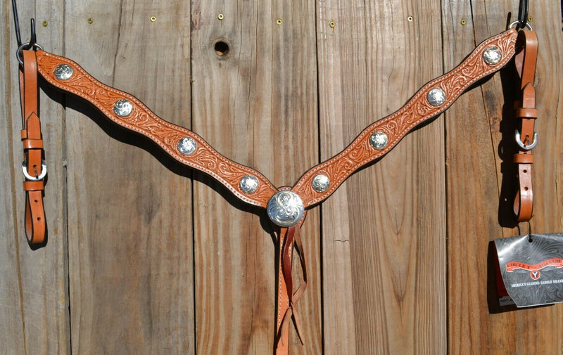 Circle Y of Yoakum - 1 3/4" Scalloped Breast Collar with Silver Conchos.  Hand carved floral tooling.  Circle Y's Ultra-Lite Color.  Stainless steel  hardware, latigo tie-down keeper and  1" x 12" adjustable tugs.