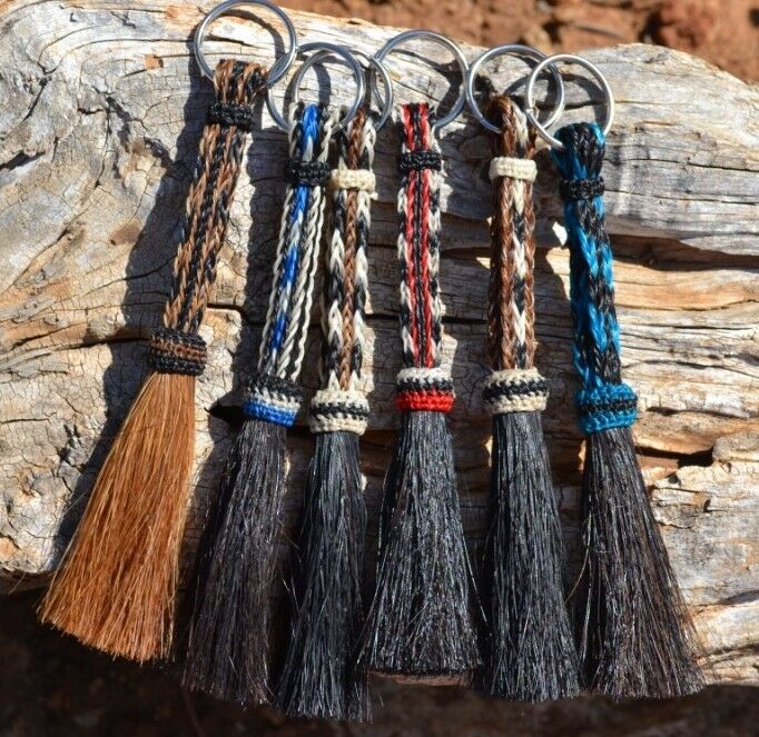 Close Up View Various Colors Awesome 3/8" wide, 3 Strand Braided Horsehair Key Chain.  Full length is 7" including the key ring.  