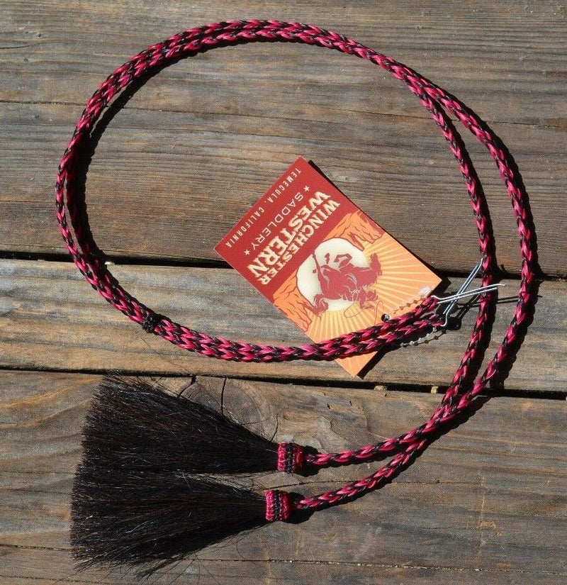 Close Up View natural horse hair stampede string with cotter pin attachments. Black/Hot Pink/Black