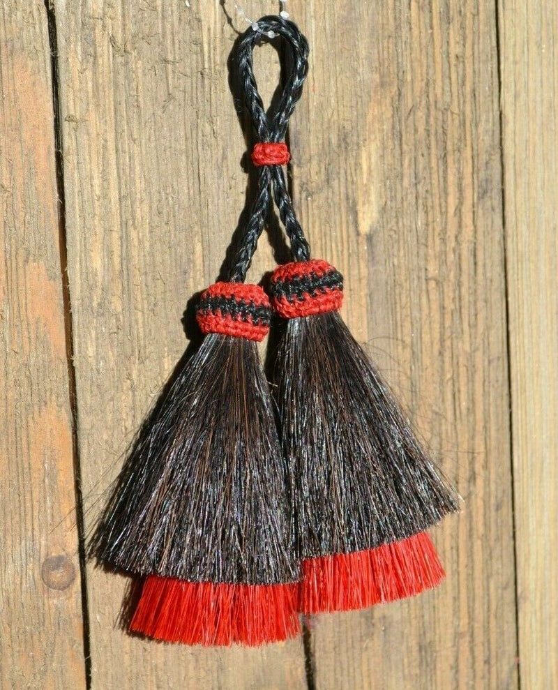 Close Up View 3" Double mule tail cut natural and brightly colored tassels. Handmade from horsehair dyed in bright colors as well as natural.     Black/Red