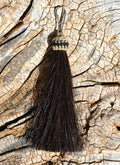   Close Up View 3" total length natural horsehair zipper pull with spring clip. Handmade from 100% natural mane horsehair. Black