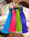 Close Up View Various Bright Colors  6" -  brightly colored shu-fly tassels with 1" brass ring.  Handmade from 100% natural mane horsehair dyed in bright colors. 
