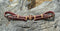 Handmade 1/2" burgundy latigo leather curb strap with tightly braided golden natural rawhide rings and 1" center knot with latigo brown details.  Adjusts up to 9" long with the double stainless steel buckle ends.
