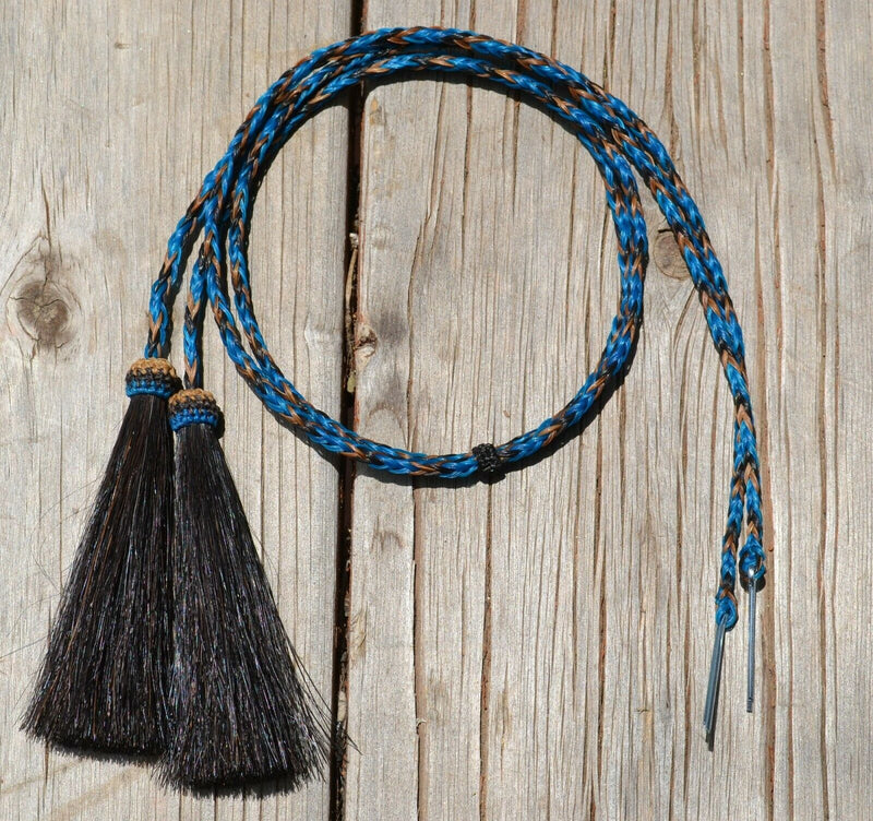 Close Up View natural horse hair stampede string with cotter pin attachments. Turquoise/Chestnut/Black