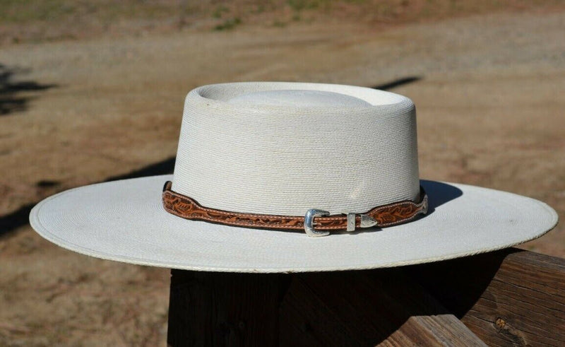 5/8" Floral Tooled Scalloped Antiqued Russet Leather Hatband with Silver Buckle