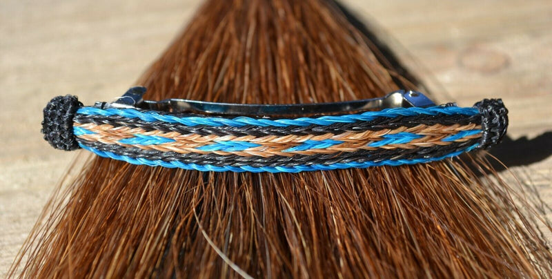 Close Up View Awesome 1/2" wide x 4" long, 3 Strand Braided Natural Horsehair Barrette.  Turquoise/Black/Sorrel/TQ