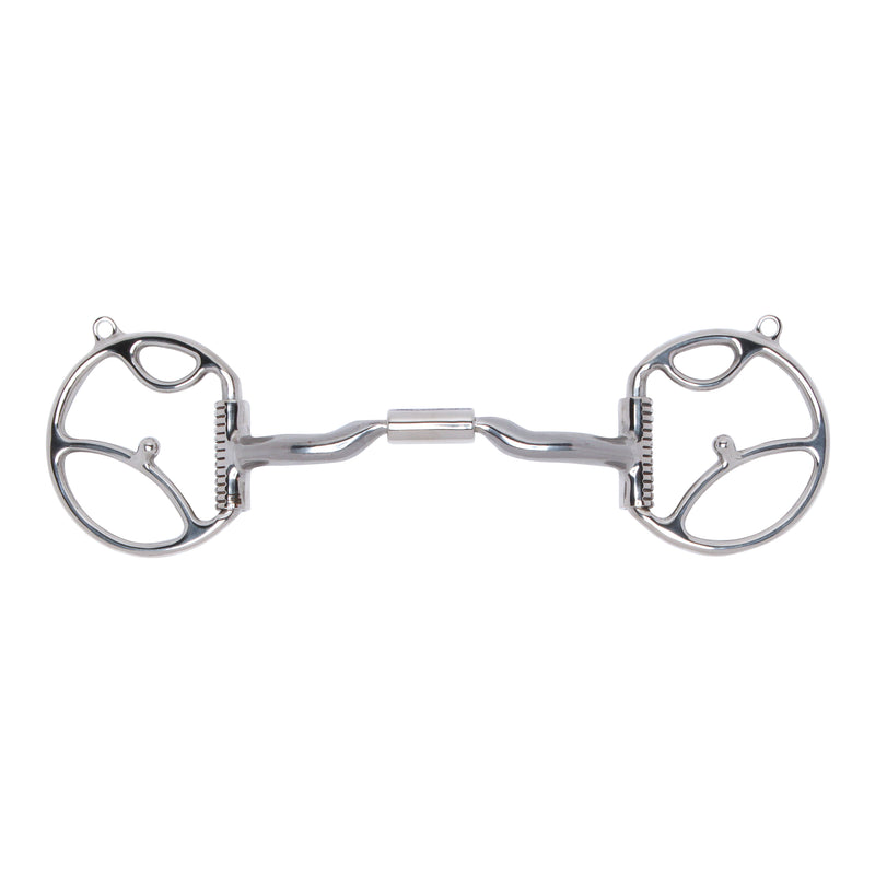 Myler Level 2 - 5" Stainless Steel Western Dee Bit with 2 Hooks and Sweet Iron Low Port Comfort Snaffle (MB 04) Copper Inlay Mouth.  This mouthpiece will naturally oxidize, or rust.  Harmless to horses, it has a sweet taste and promotes salivation.