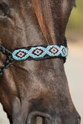 Black/Blue - A braided soft yet sturdy mule tape rope halter that features a flat nose and comes complete with a matching ten foot lead. Beaded nose band gives a fun fashion flare to the noseband. 