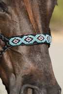 Black/Blue - A braided soft yet sturdy mule tape rope halter that features a flat nose and comes complete with a matching ten foot lead. Beaded nose band gives a fun fashion flare to the noseband. 