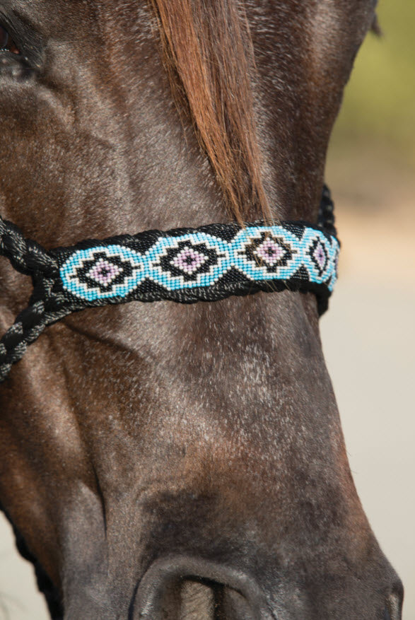 Black/Blue - A braided soft yet sturdy mule tape rope halter that features a flat nose and comes complete with a matching ten foot lead. Beaded nose band gives a fun fashion flare to the noseband. 