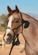 Multi-Colored A braided soft yet sturdy mule tape rope halter that features a flat nose and comes complete with a matching ten foot lead. Beaded nose band gives a fun fashion flare to the noseband. 